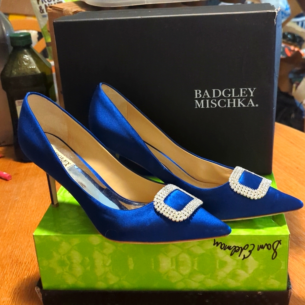 Badgley Mischka Royal satin blue high heels